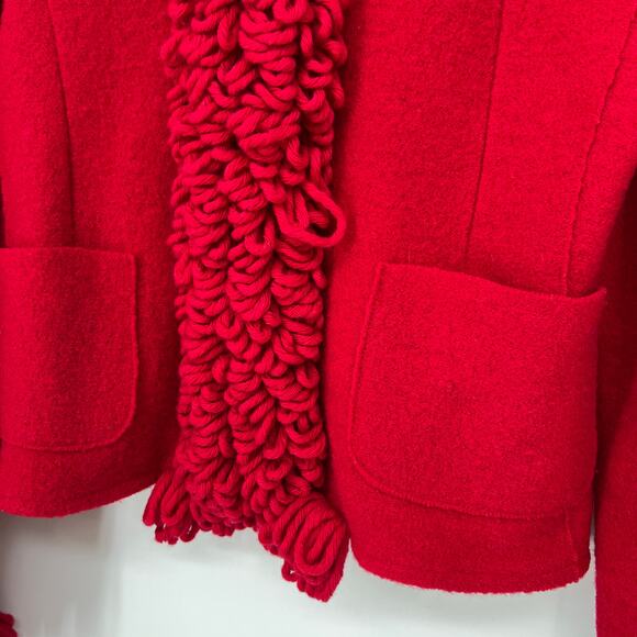 Vintage Lisa International Boiled Wool Cardigan Sweater Large Red V Neck Fringe - Picture 4 of 10